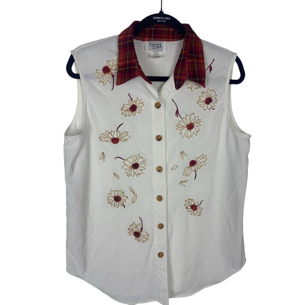 90s Cottagecore Embroidered Sunflower Button Down Vest Top XL